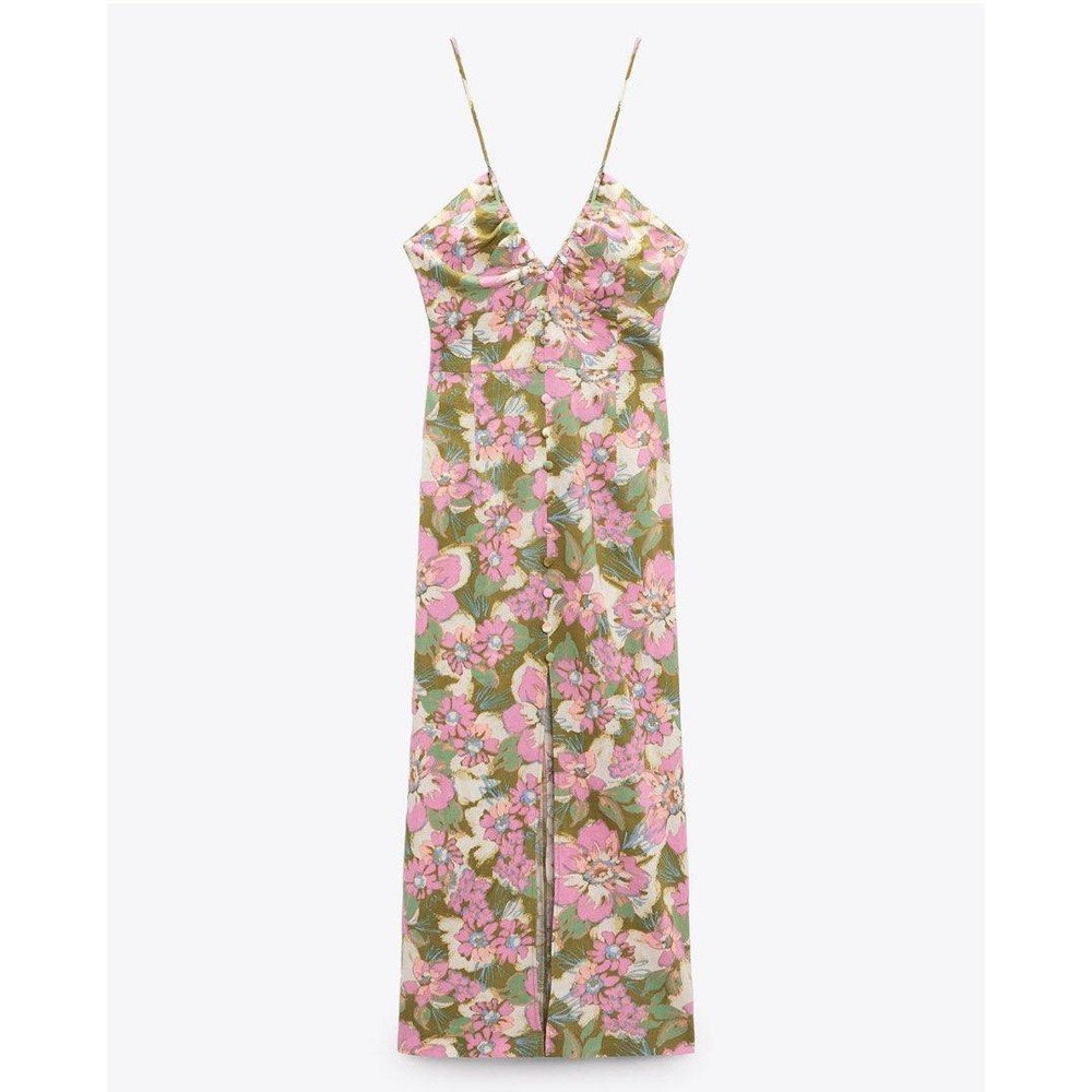 Zara Midi Dress Women Small Pink Floral Linen Blend Halter Button Front Boho - Picture 1 of 10